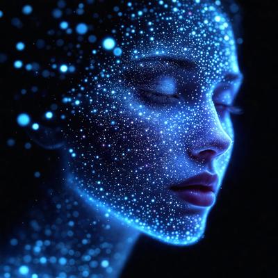 The primary subject of the image is a woman's face, which is the main focus of the image. The setting is a dark room, and the visual style is digital art. The colors and mood of the image are predominantly blue, creating a serene and calming atmosphere.
